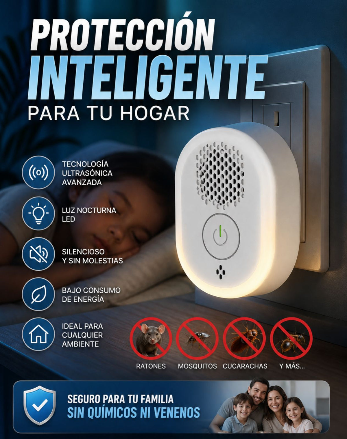 Repelente ultrasónico inteligente para el hogar contra ratas, mosquitos e insectos