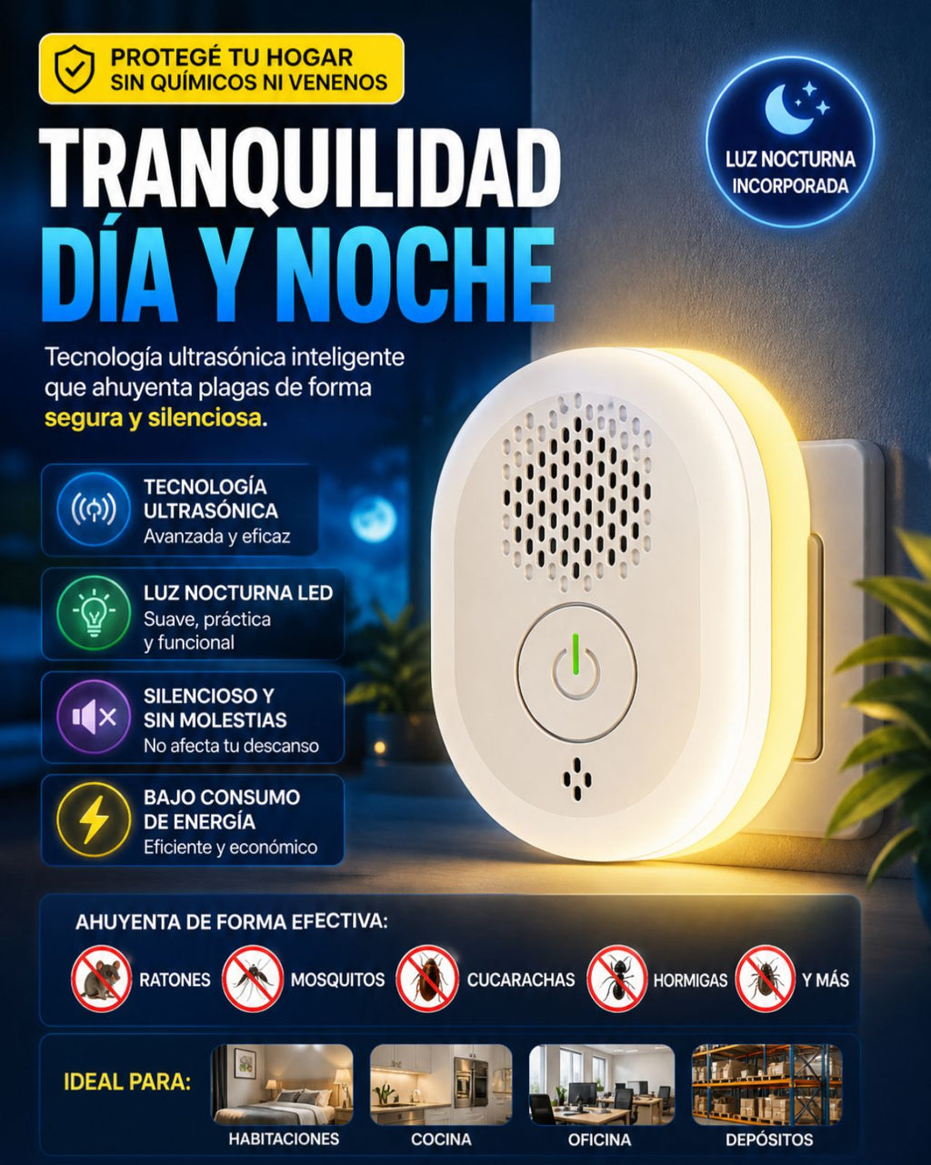 Infografía con las características del repelente ultrasónico: tecnología ultrasónica, luz nocturna LED, silencioso y bajo consumo