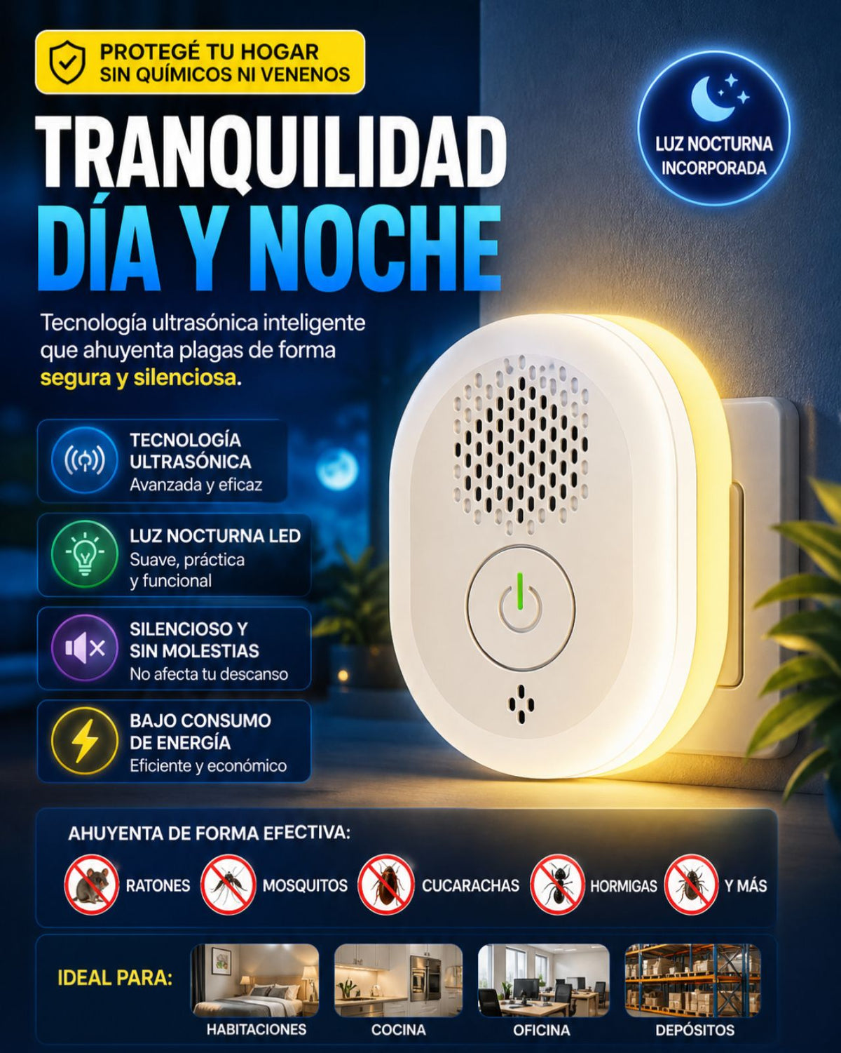 Infografía con las características del repelente ultrasónico: tecnología ultrasónica, luz nocturna LED, silencioso y bajo consumo